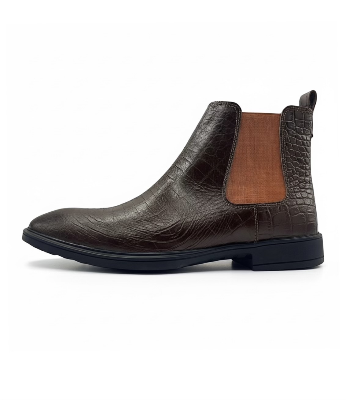 نیم‌بوت مردانه ونتو مدل چلسی جنس چرم کرکودیلی قهوه‌ای تیره